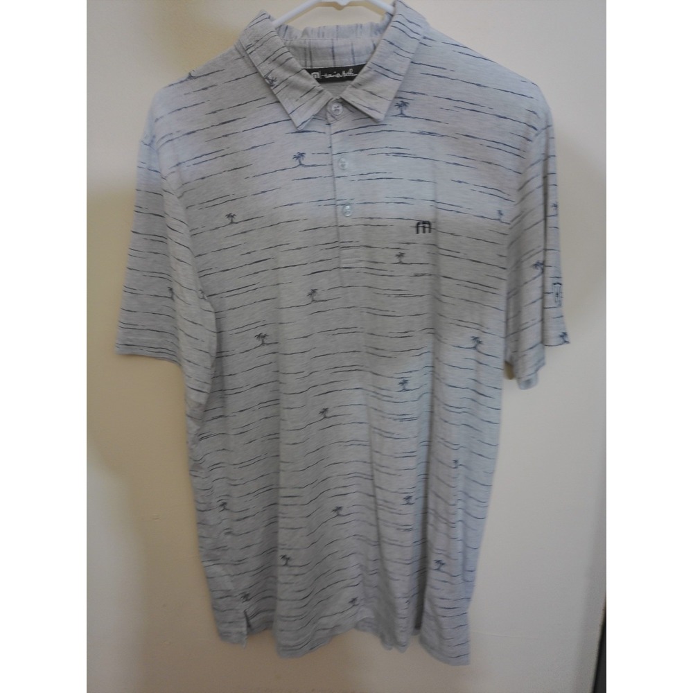 TravisMathew Mens Polo Shirt Size L Gray Palm Tree Print Short Sleeve Golf